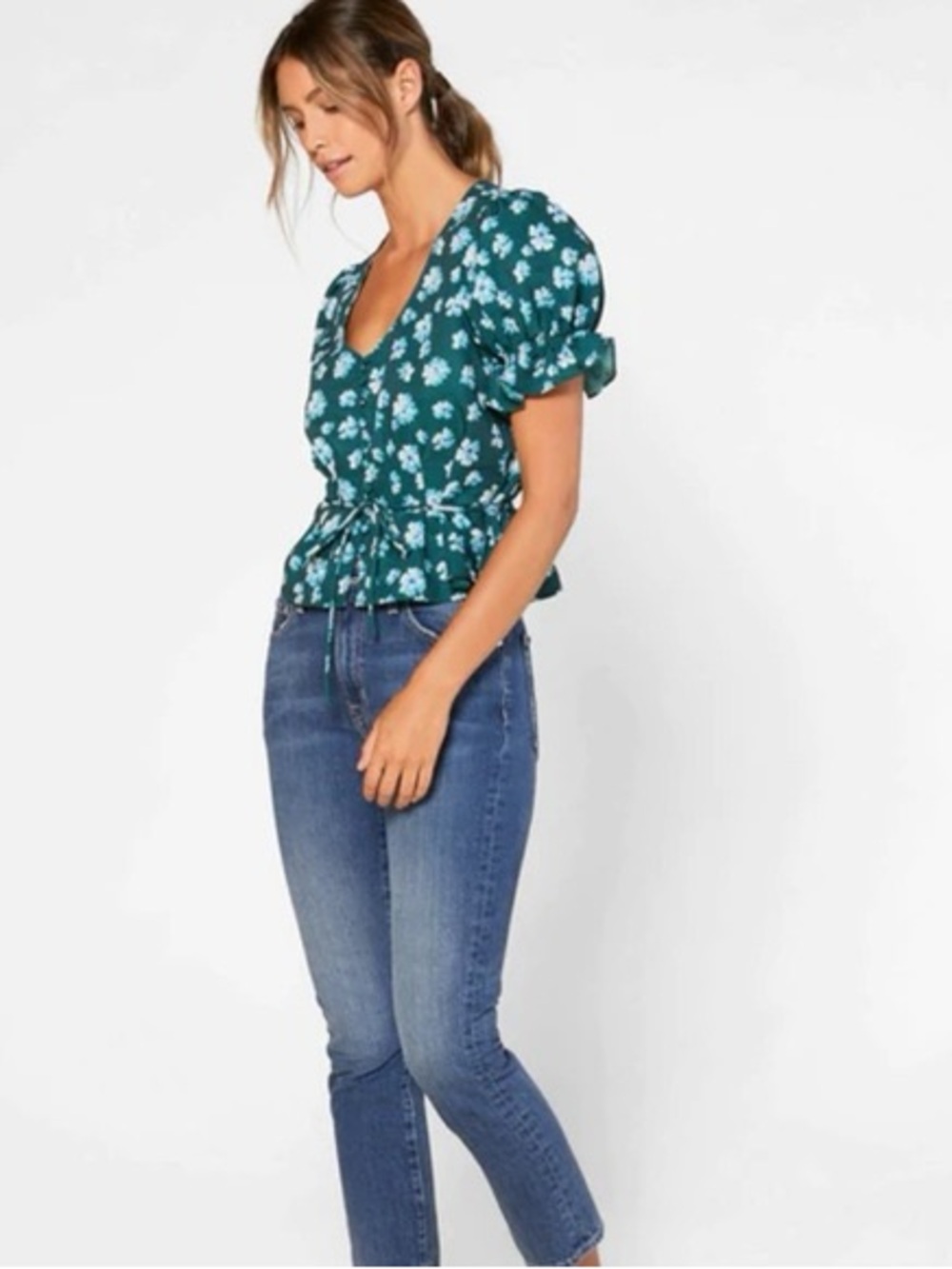 Outerknown Teal Floral Puff-Sleeve Blouse with Light Blue Flowers - Picture 3 of 3